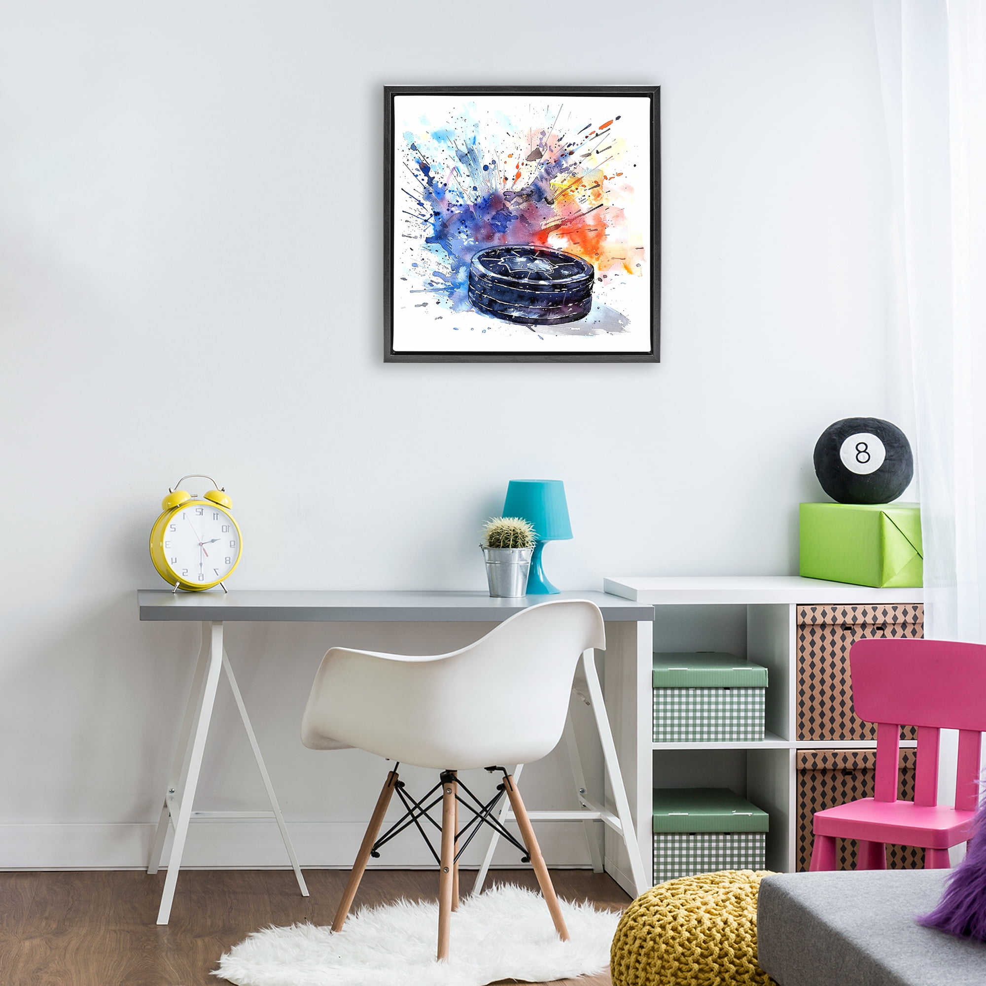 Stupell Industries Hockey Splash Watercolor Burst Black Framed Floater Canvas Wall Art, design by LSR Design Studio