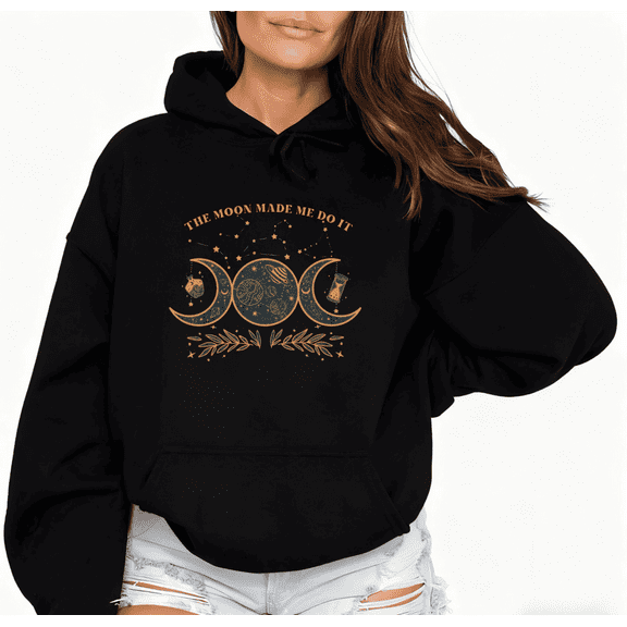 Black Celestial Moon Phase Graphic Sweatshirt Print hoodie Black S-2XL Cotton Casual Astrology Daily Tops