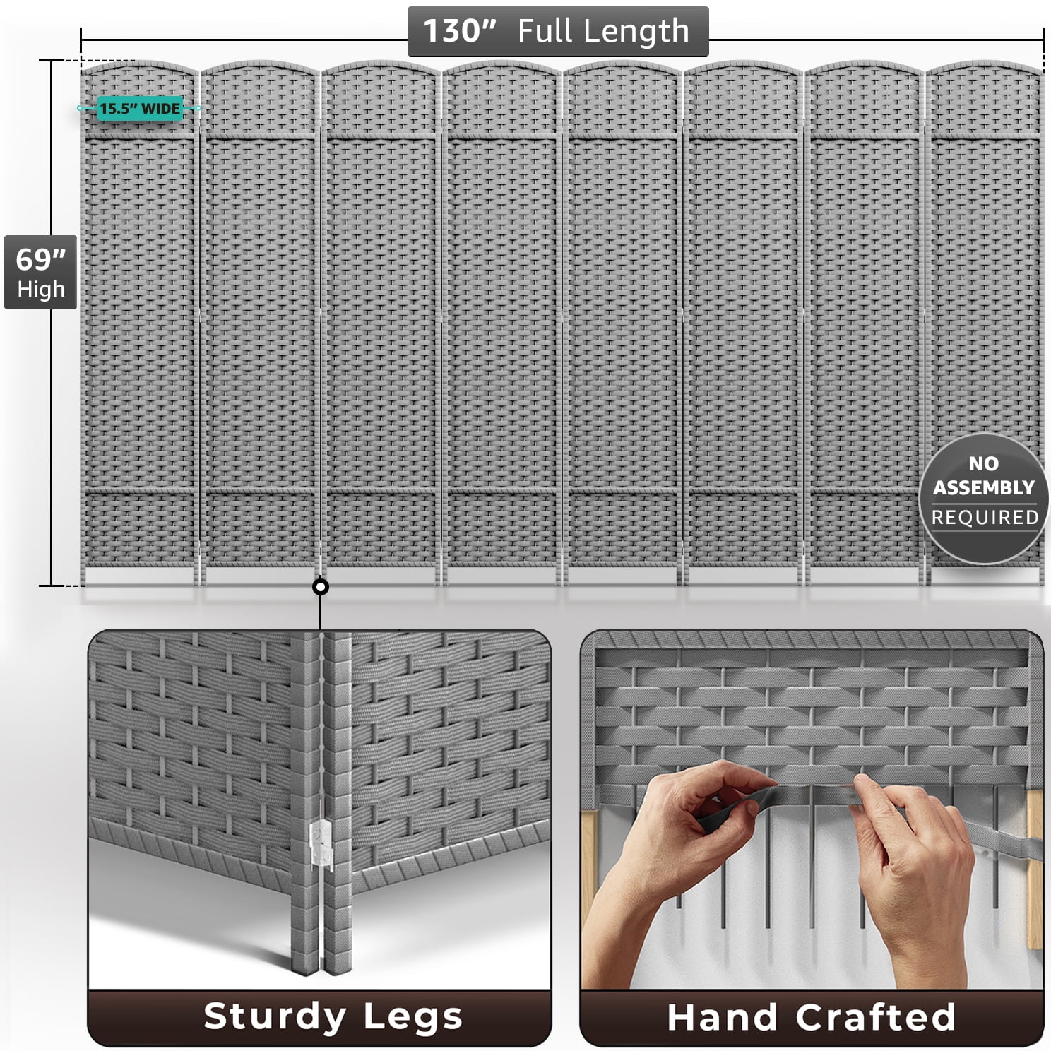 Sorbus 6ft Tall Room Divider Privacy Screen - Extra Wide Folding Partition, Light Gray