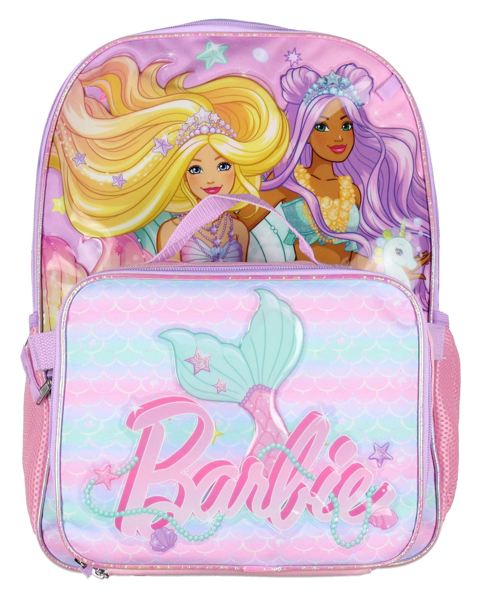 Barbie Mermaids 5-Piece 16" Girls Backpack School Lunch Bag Set with Gadget Case Carabiner and Rubber Zipper Dangle