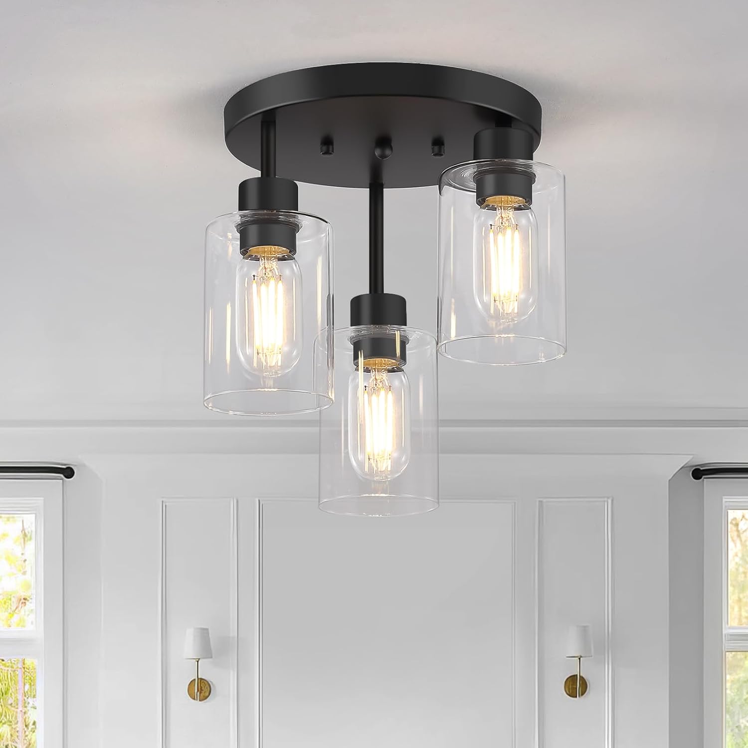 Depuley Farmhouse 2-Light Semi-Flush Mount Ceiling Light – Black With Seeded Glass Shade – 13 Inch – Warm White LED Compatible – Indoor/Outdoor