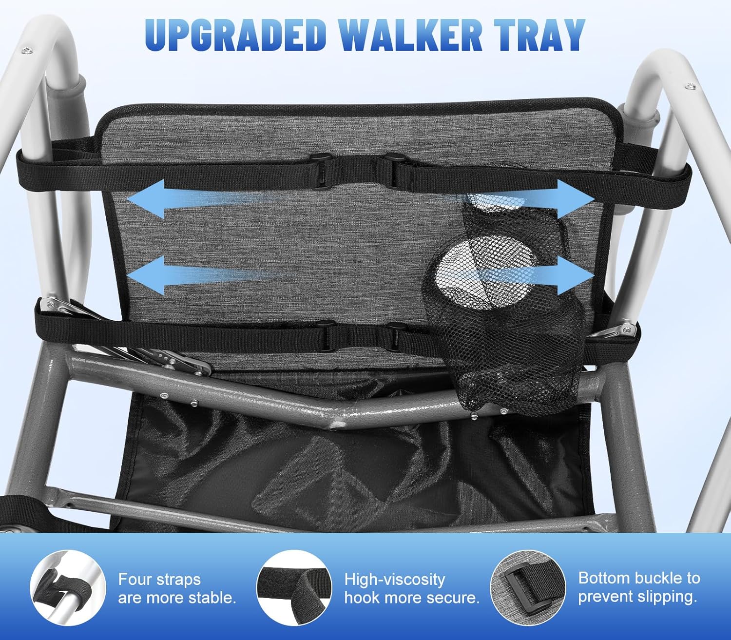 Rhino Valley Walker Tray for Folding Walker, Tray for Walkers with Non-Slip Mat for Food, 3 Front Pockets & 2 Cup Holders, Fits Most Standard Folding Walkers, Walker Accessories for Senior,Gray