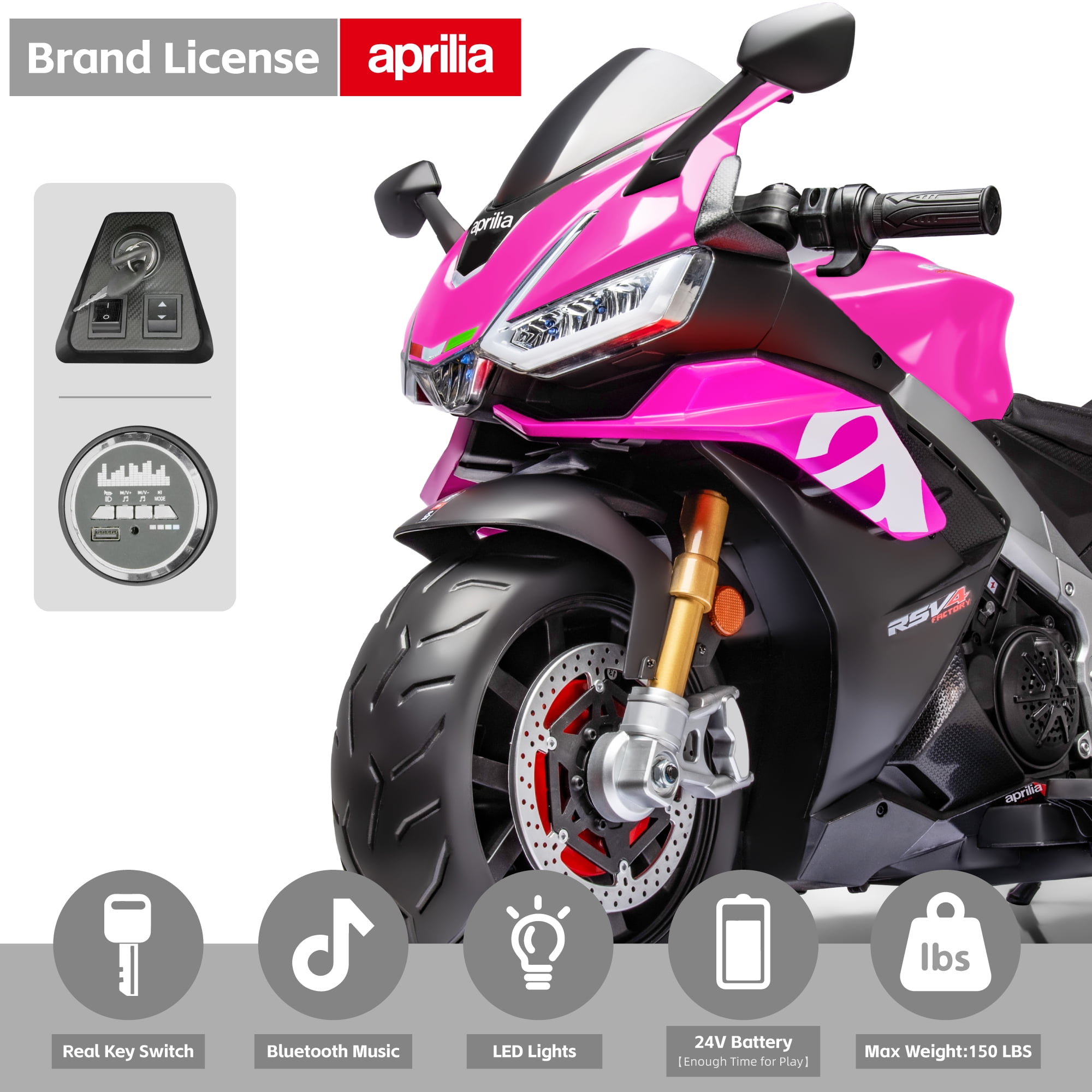 TCARAIWEN 24V Kids Motorcycle Electric Motorbike Aprilia Licensed Ride on Toy w/LED Lights Bluetooth Music Battery Powered 5MPH for Kids 3-11 Years Old,Pink