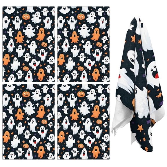 Decorative Halloween Kitchen Towels Set of 4, 18x26 Inch Absorbent Tea Towels with Ghost, Witch and Pumpkin Prints, Soft Hand Towels for Kitchen, Bar, Coffee Corner or Fall Home Decor
