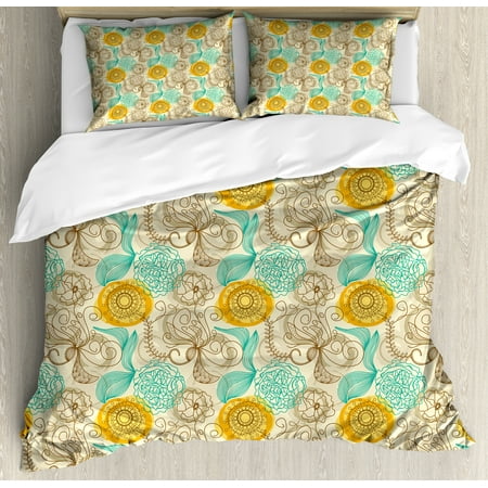 Floral King Size Duvet Cover Set, Old Fashioned Composition with Abstract Carnations Lines Leaves Artistic, Decorative 3 Piece Bedding Set with 2 Pillow Shams, Tan Turquoise Marigold, by
