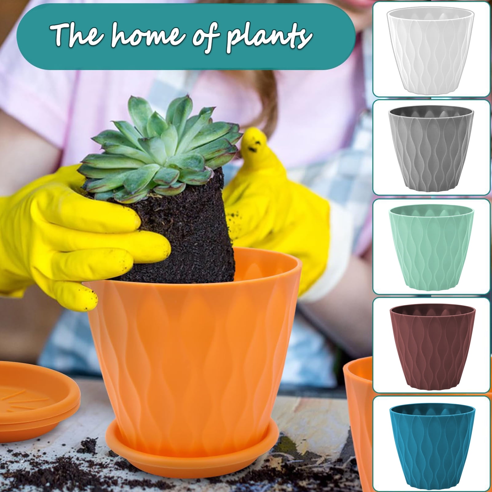 Keyrank Plant Pots 7 Inch Self Watering Pots, Set of 6 Plastic Planters with Drainage Holes and Saucers, Plastic Flower Pots, Nursery Planting Pot for Indoor Out Door Plants