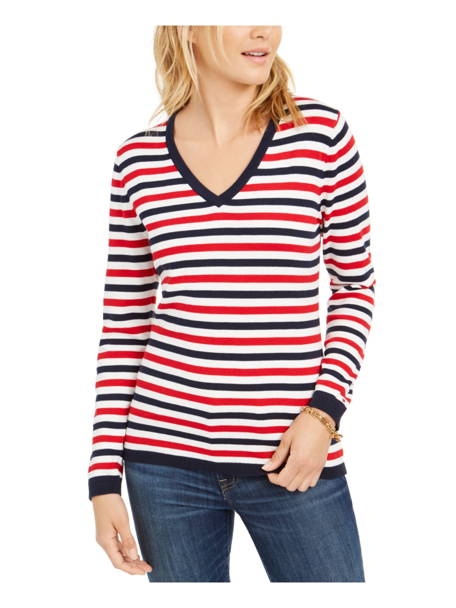 TOMMY HILFIGER Blue Striped Long Sleeve V Neck Sweater Size: XL - Walmart.com