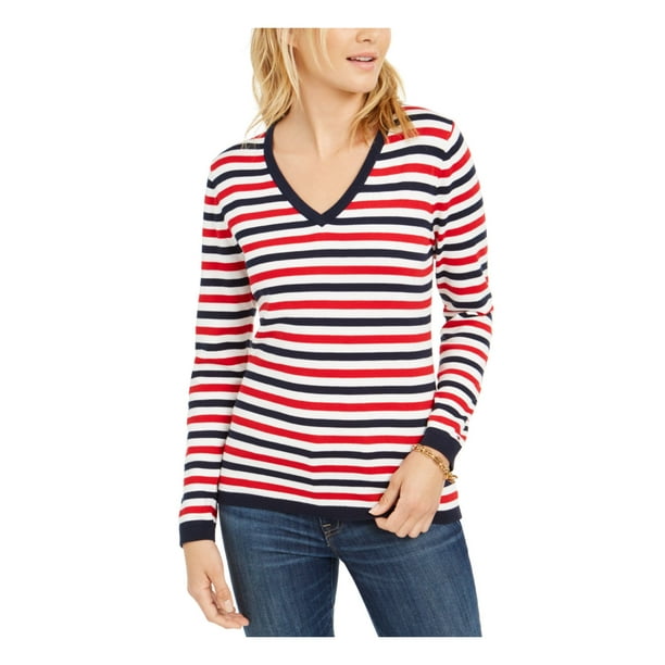 TOMMY HILFIGER Blue Striped Long Sleeve V Neck Sweater Size: XL - Walmart.com