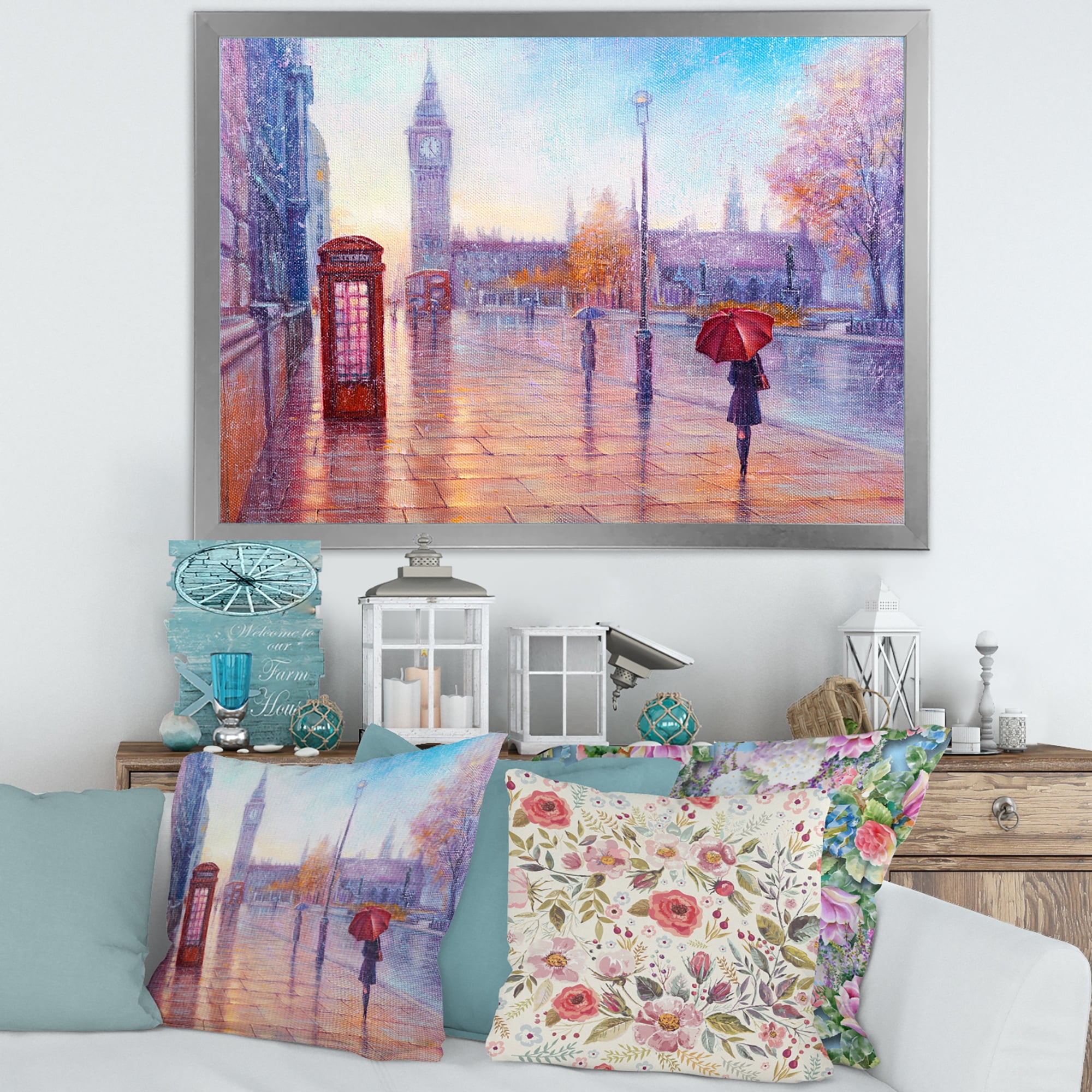 Designart 'Big Ben and Woman With Red Umbrella In London Street' French Country Framed Art Print