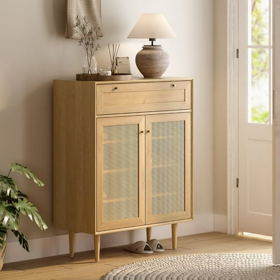 EYYTHUNG Rattan Shoe Cabinet with Drawers and Doors, 3-Shelf Freestanding Organizer, Natural Oak