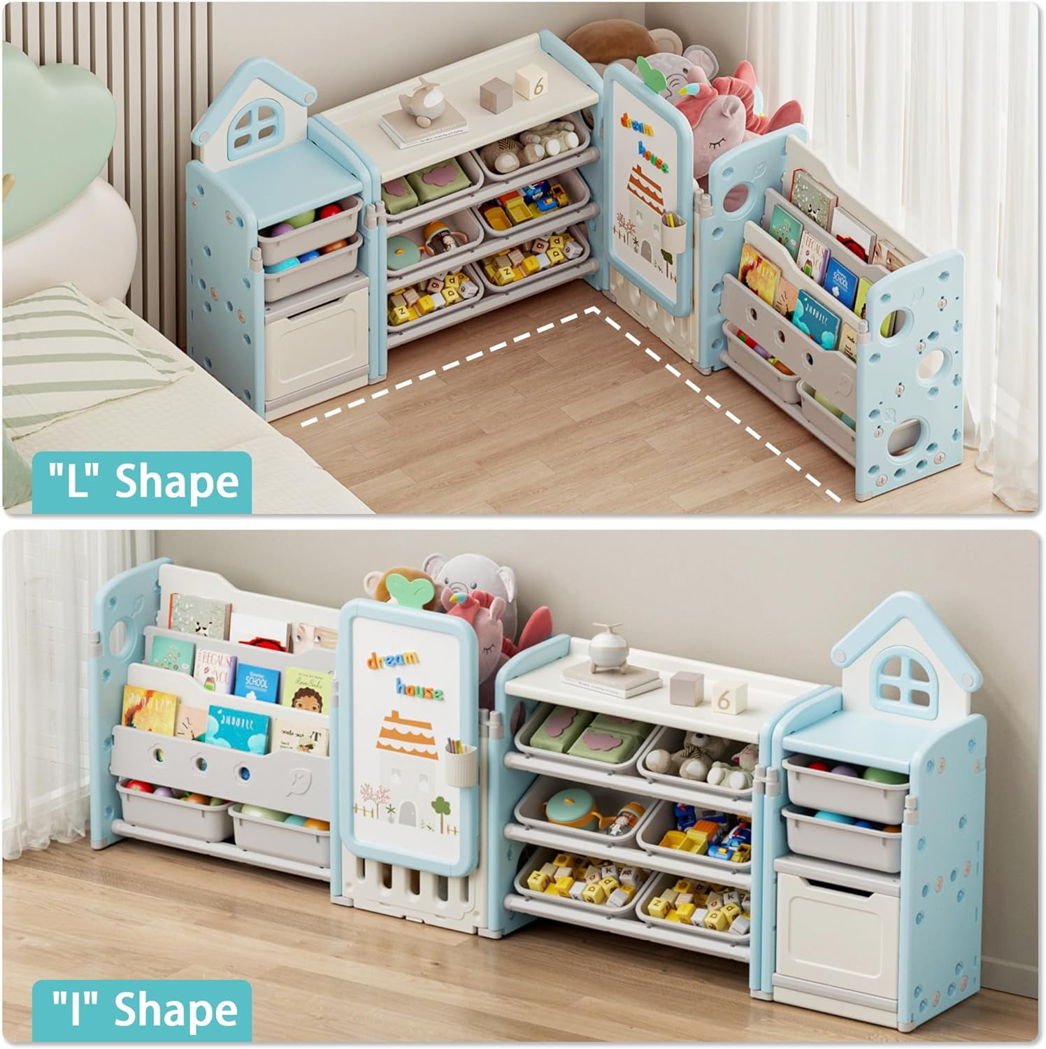 Kids Toy Storage Organizer with 3-Tier Bookshelf, NEORIVER Collapsible, 87.4W x 12.6D x 35.8H", with Removable Bins, Drawing Board & 3 Brushes