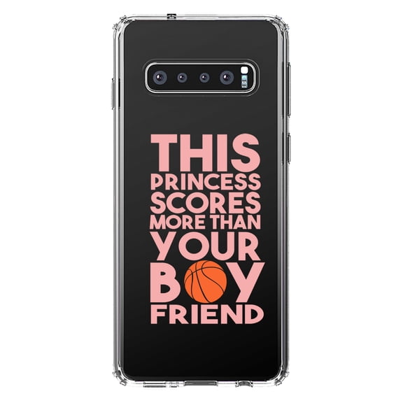DistinctInk Clear Shockproof Hybrid Case for Samsung Galaxy S10 (6.1" Screen) - TPU Bumper Acrylic Back Tempered Glass Screen Protector - This Princes Scores More Than Your Boyfriend