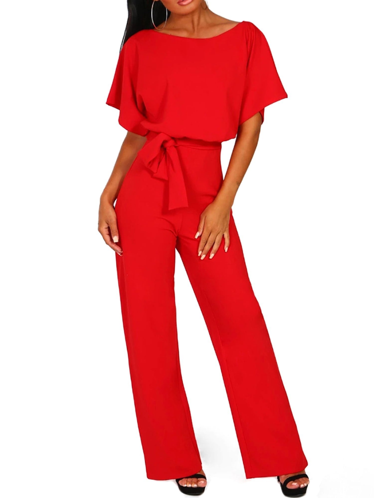 ANRABESS Womens Casual Short Sleeve Jumpsuits Elastic Waist Long Pants Rompers with Pockets 