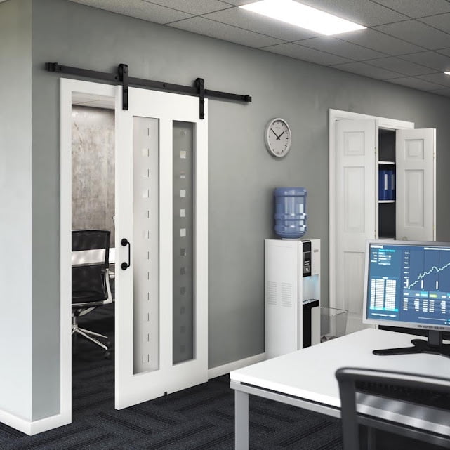 32 in. x 84 in. x 1-3/8 in. Silkscreen Glass 2-Lites Shaker Primed Solid Wood Core Interior Barn Door Slab