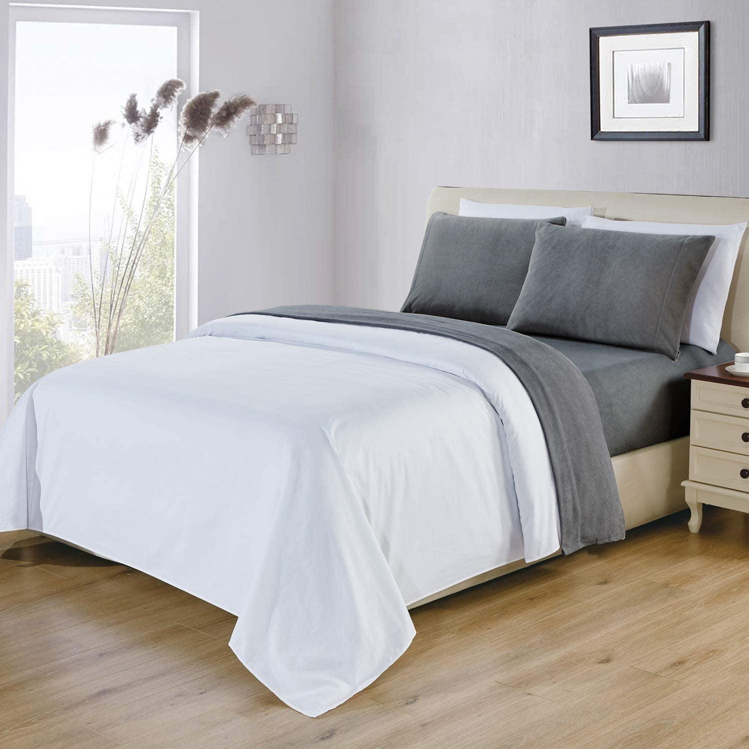 Htooq Plush Micro Fleece Bed Sheet Set Extra Breathable Polar Fleece 4 Pcs Bed Sheets With Deep Pocket Dark Gray Queen Other