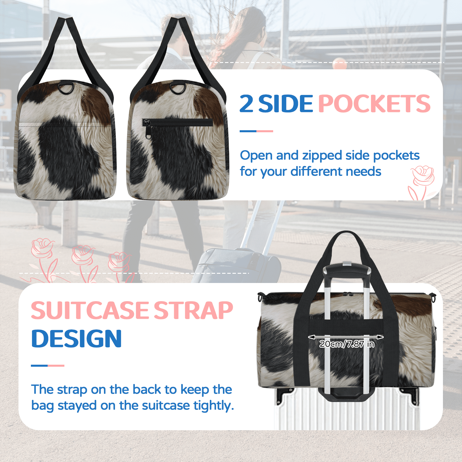 Herdesigns Brown Cow Travel Duffle Bag Sports Yoga Weekender Overnight Carry on Workout Bags Lightweight Waterproof Gym Tote Bag for Women