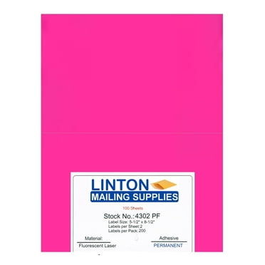 Blank Laser Labels, Fluorescent Pink, 5.5" x 8.5", 2 Labels Per Sheet (8.5" x 11"), Peel and Stick, Perm Adhesive - 100 Sheets (200 Labels) Per Pack