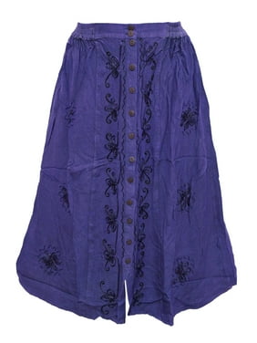 Mogul Womens Skirts Purple Embroidered Rayon Button Front Stonewashed Skirt