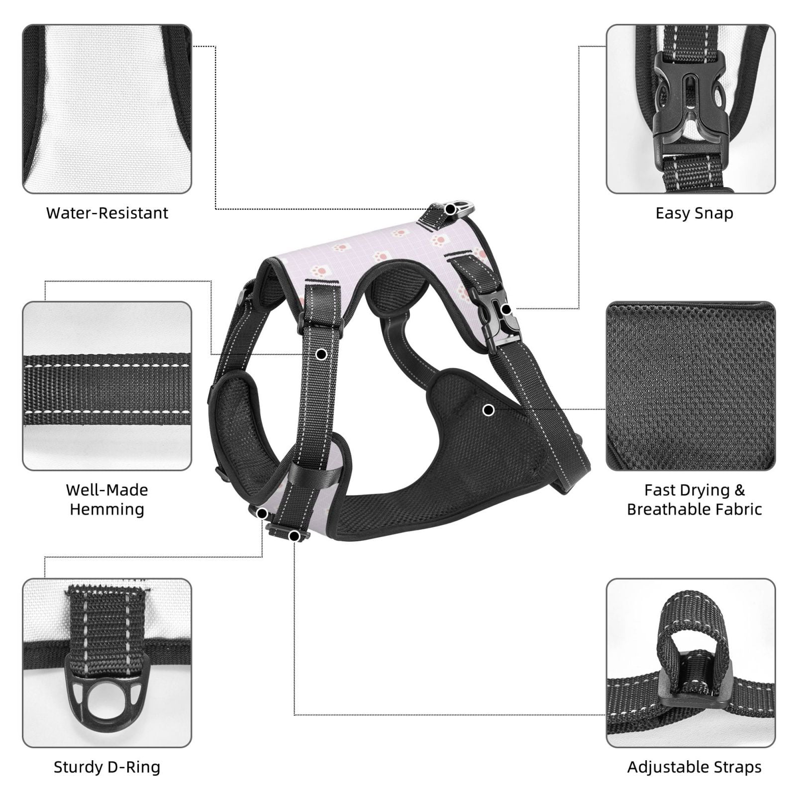 Picia Kawaii Cat Paw No-Pull Dog Harness Reflective Front Clip Vest with Handle,Step-in Air Dog Harness,Adjustable 2 Metal Rings 4 Buckles,Easy to Put on & Take Off Small