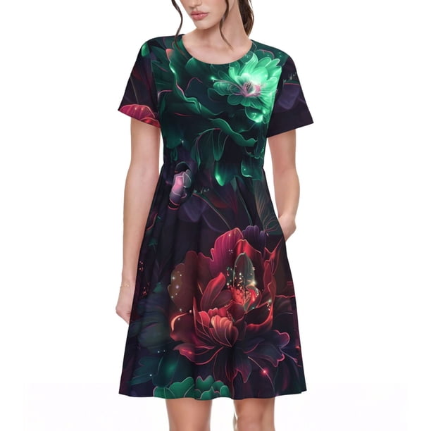Disketp Red And Green Carnation para Vestido de Manga Corta para Mujeres, Vestidos de Verano para Mujeres, Casual y Holgado para la Playa