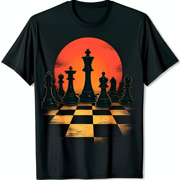 Bold Black T-Shirt with Chess Pieces & Vibrant Sun Graphic