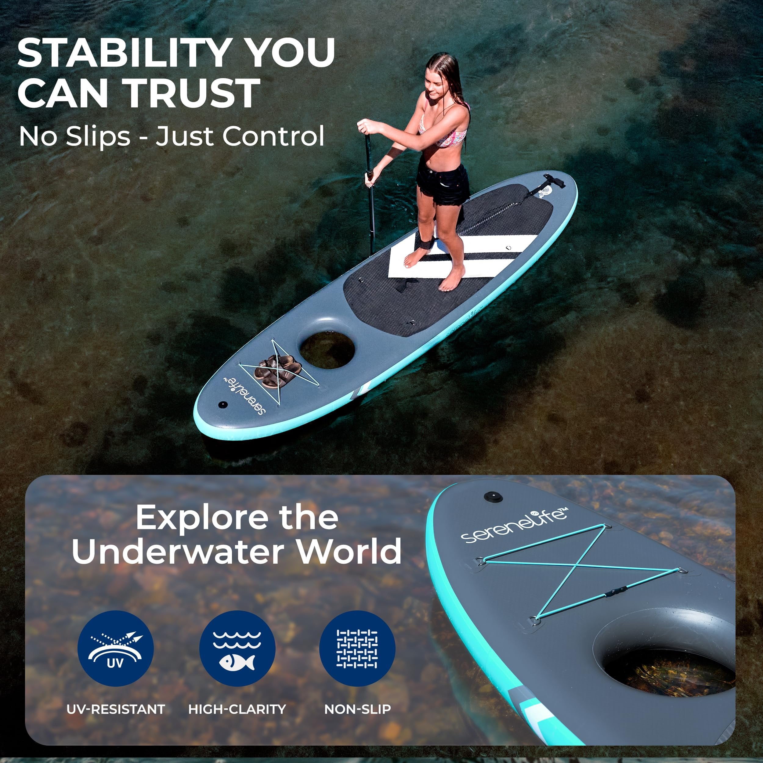 SereneLife 106 Inflatable Stand-Up Paddle Board with Window - 32 Wide Stable Design with Non-Slip EVA Deck Pad, Premium SUP Accessories and GoPro Mount, for Youth and Adults, 350 lbs. Capacity
