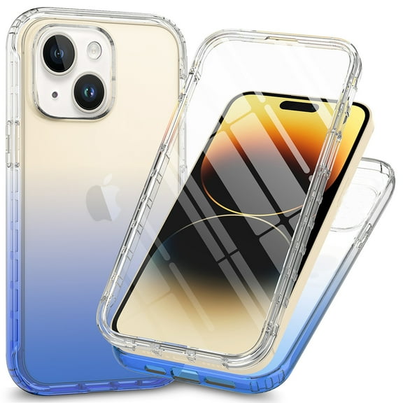 Crystal Clear Case for iPhone 15 Plus, [Not Yellowing] Gradient Phone Case with Built-in Screen Protector, Military Grade Drop Protection Shockproof Transparent Cover for iPhone 15 Plus, Blue