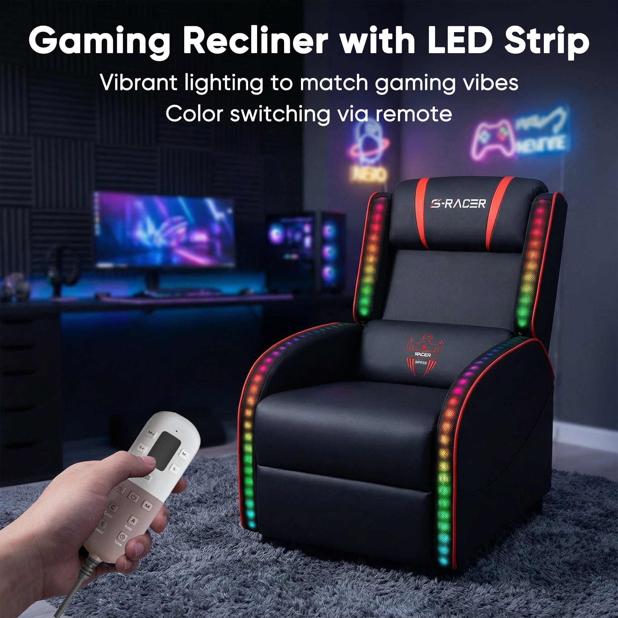 Homall RGB LED Lights Gaming Massage Recliner Chair Racing Style Single Living Room Sofa Ergonomic Home Theater Seating with Massage Lumbar Support, Red