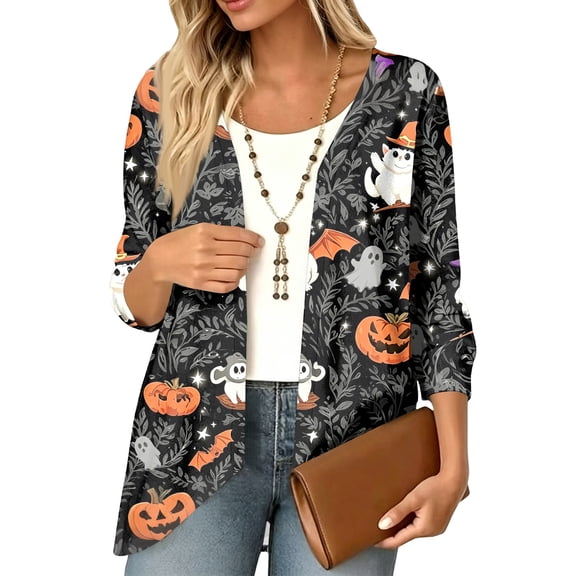 IYYVV Halloween Cardign Sweaters for Women 3/4 Sleeve Lightweight Funny Pumpkin Printed Open Front Cardigan Navy L