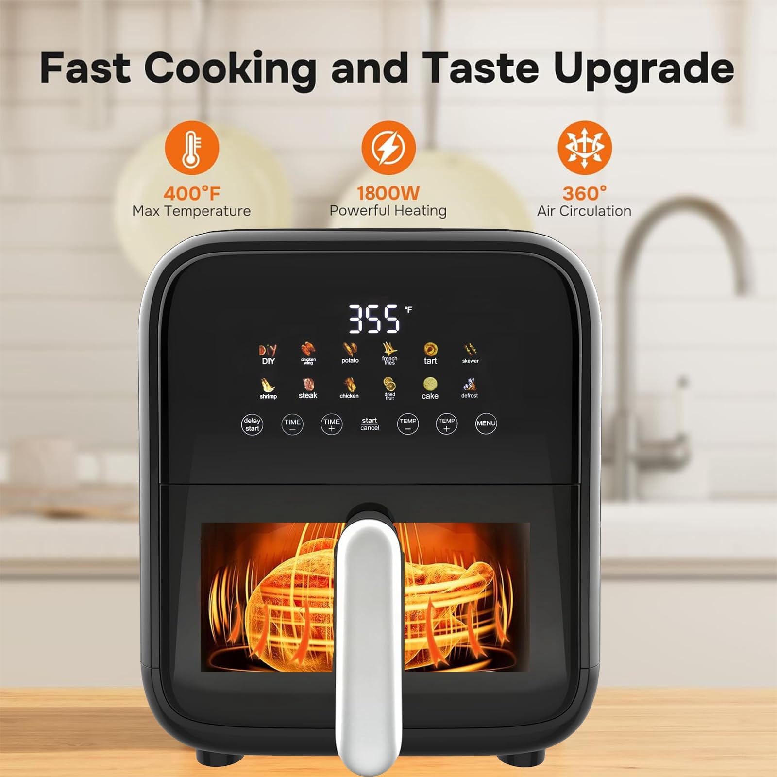 Plum Chef 7.5-Quart Air Fryer with Easy-View Window, 12-in-1 Large Digital Airfryer with Rapid Air Technology, 1800W, Black