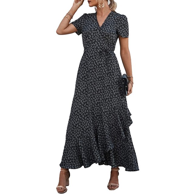 FOCUSNORM Robe à Manches Courtes Manches Courtes Profonde Ourlet à Volants une Pièce