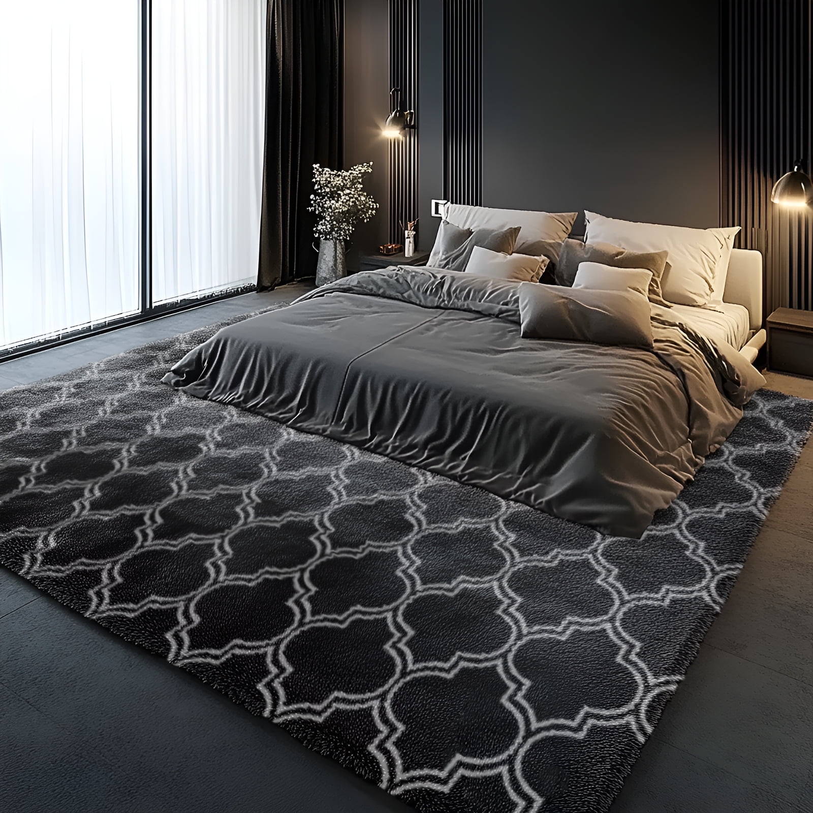 Pentantan 5ft x 8ft Geometric Shag Area Rugs for Living Room, Moroccan Fluffy Bedroom Carpet, Dark Gray