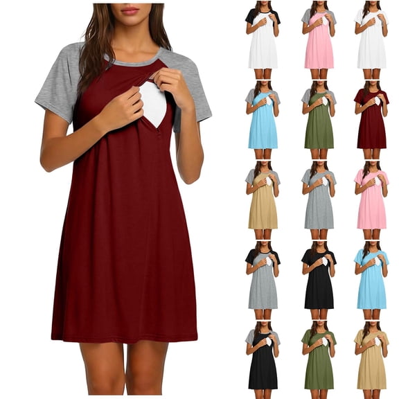 Axiiglly Womens Nursing Dress Short Sleeve Patchwork Zipper Breastfeeding Maternity Dress Soft Stretch Knee Length Pregnancy Nightgowns, S-2XL