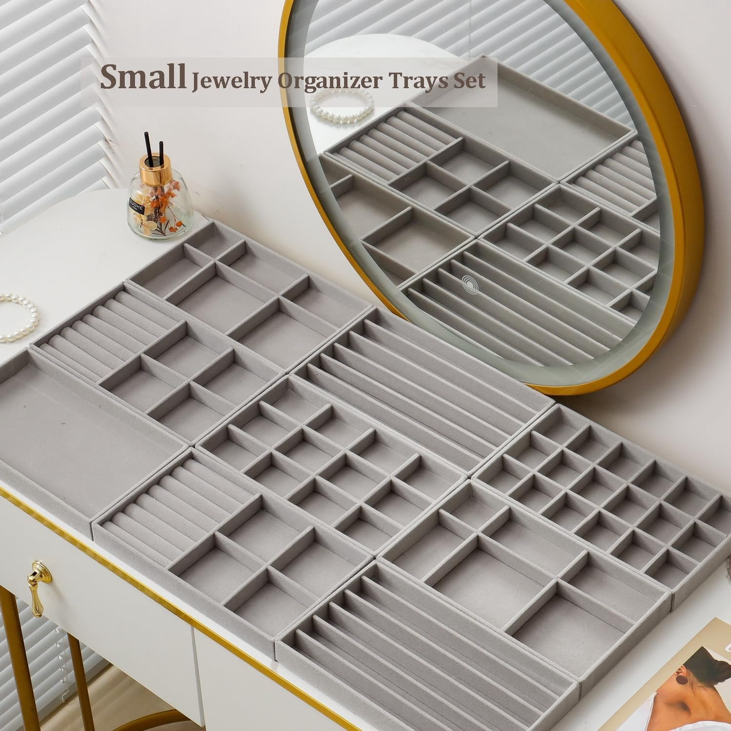 Stackable  Organizer Trays Set of 9, Small   Organizers Earring Necklace Ring Bracelet Display Case Storage for Drawer Dresser (Grey)
