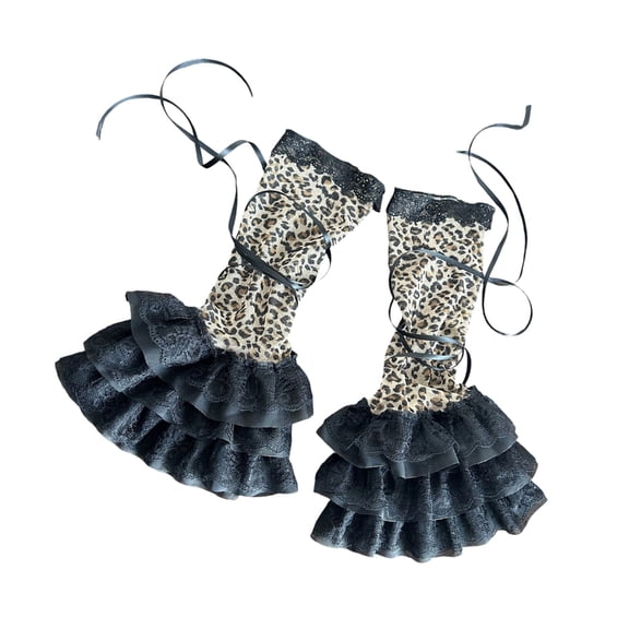 Women Harajuku Leopard Leg Warmer Strappy Footless Socks Tiered Lace Leg Covers