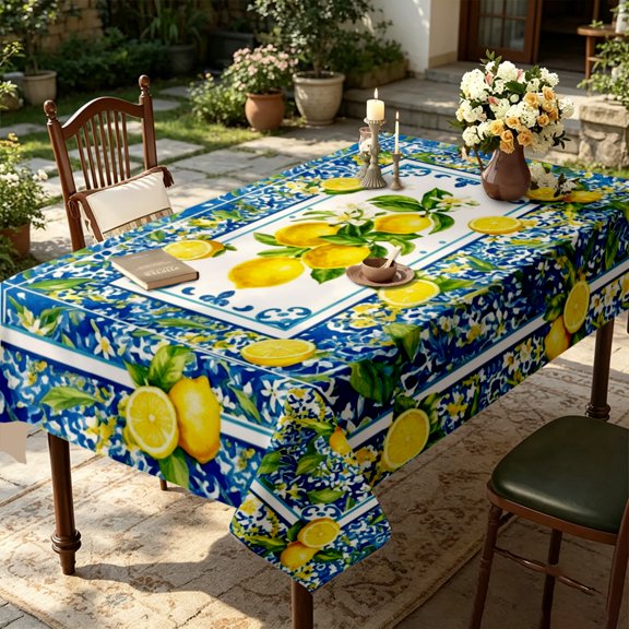 Cream Clustered Multi‑Group Lemon Branch Botanical Print Tablecloth,35x55/55x55/55x70/60x86/60x94/60x102 inch,Polyester,Casual Family Dining Home Decor