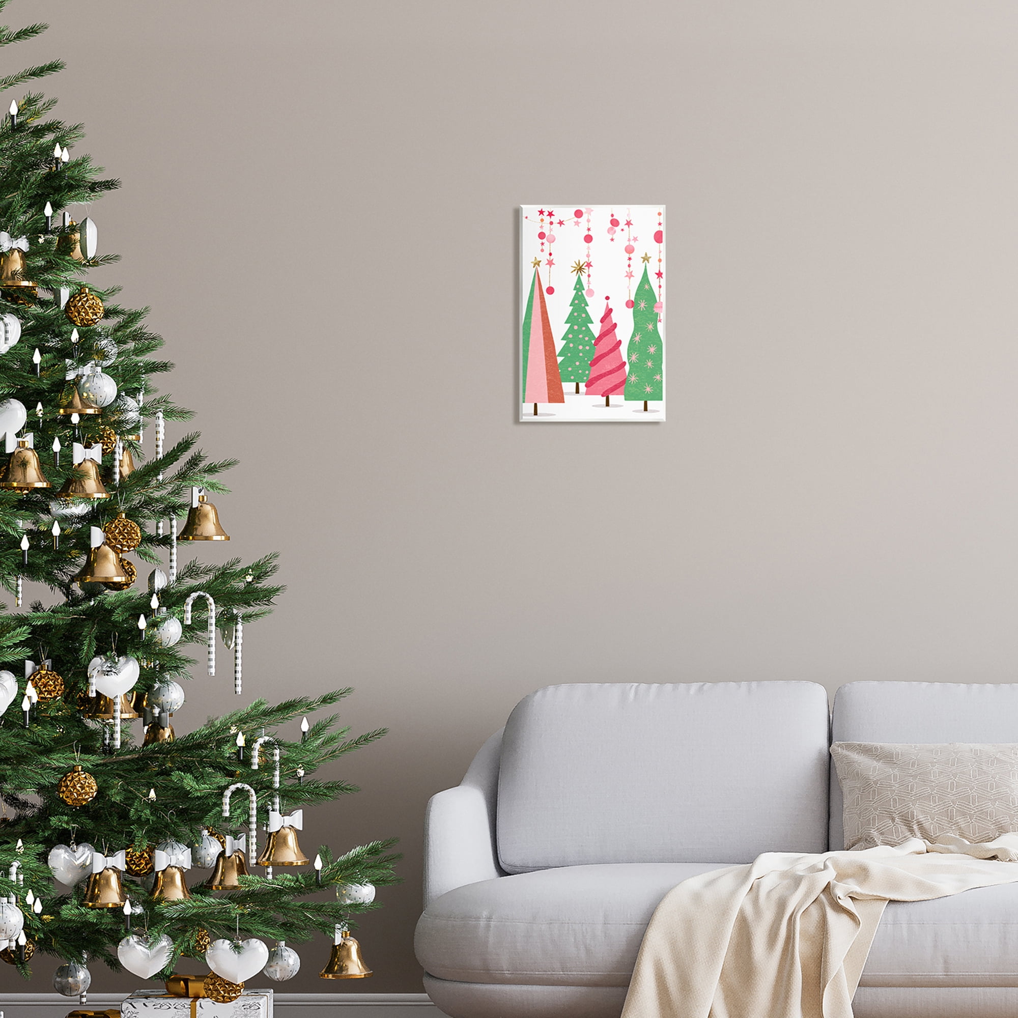 Stupell Industries Pink & Green Christmas Trees Holiday Painting Unframed Art Print Wall Art
