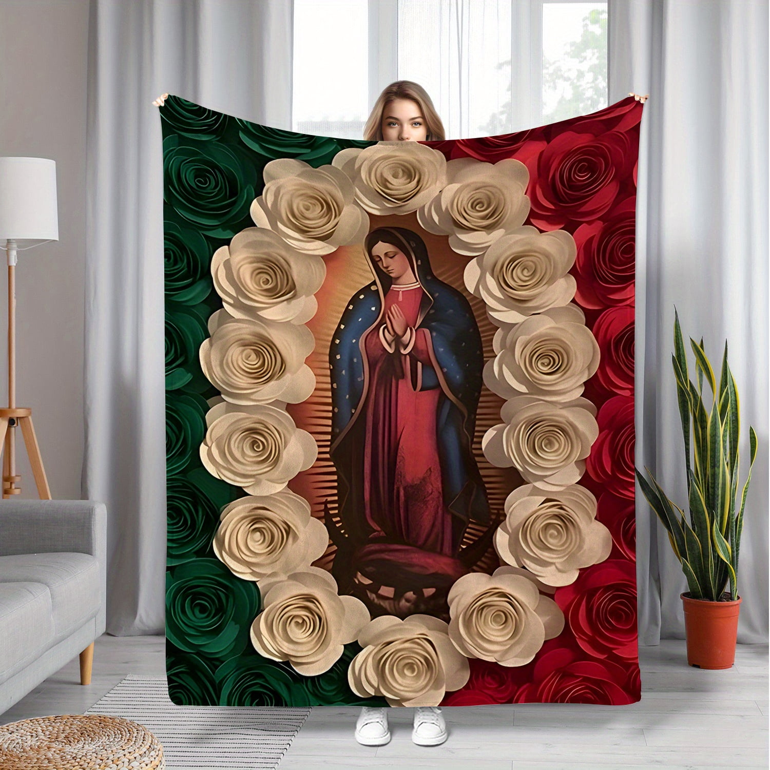 Virgin Mary Rose Blanket Soft Flannel Throw with Our Lady of Guadalupe Design Green & Red Roses Perfect for Sofa Bed Car Office Camping Travel All-Season Gift