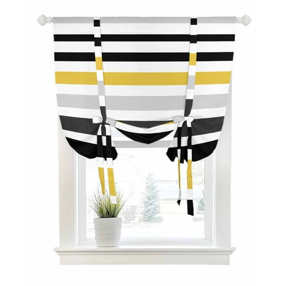 Yellow Black Stripe Tie Up Curtains for Window, Thermal Insulated Balloon Shade Adjustable Rod Pocket Curtains Valance Panels for Kitchen Bathroom Cafe 52 x 45 Modern Abstract Art Coarse Striped