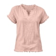 thumbnail image 4 of Stralyhd Womens Fringe Trim V Neck Blouses Cotton Linen Short Sleeve Loose Tunic Summer Vacation Daily Tops Pink M, 4 of 4