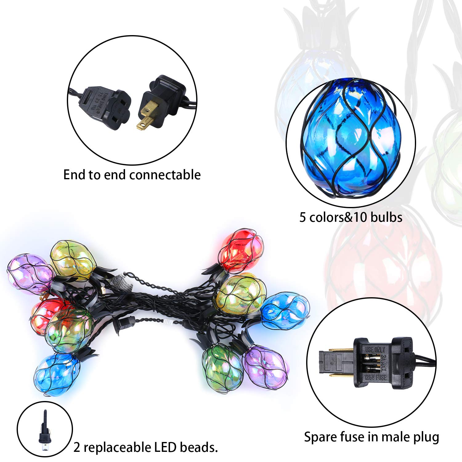 Pineapple Fairy String Lights with 10 Multicolor Bulbs Connectable Waterproof Decorative Indoor String Lights for Christmas Party Birthday Wedding Festival Bedroom Outdoor Patio