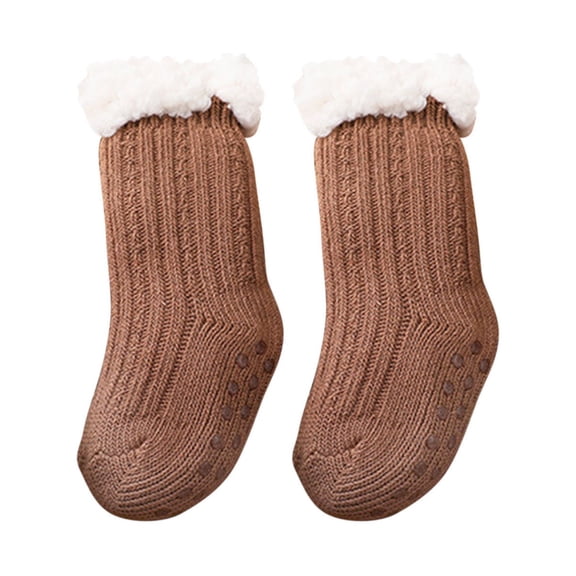 Odeerbi Baby Toddler Socks Thick Wool Lamb Velvet Childrens Floor Socks Solid Color Non-slip Socks Coffee