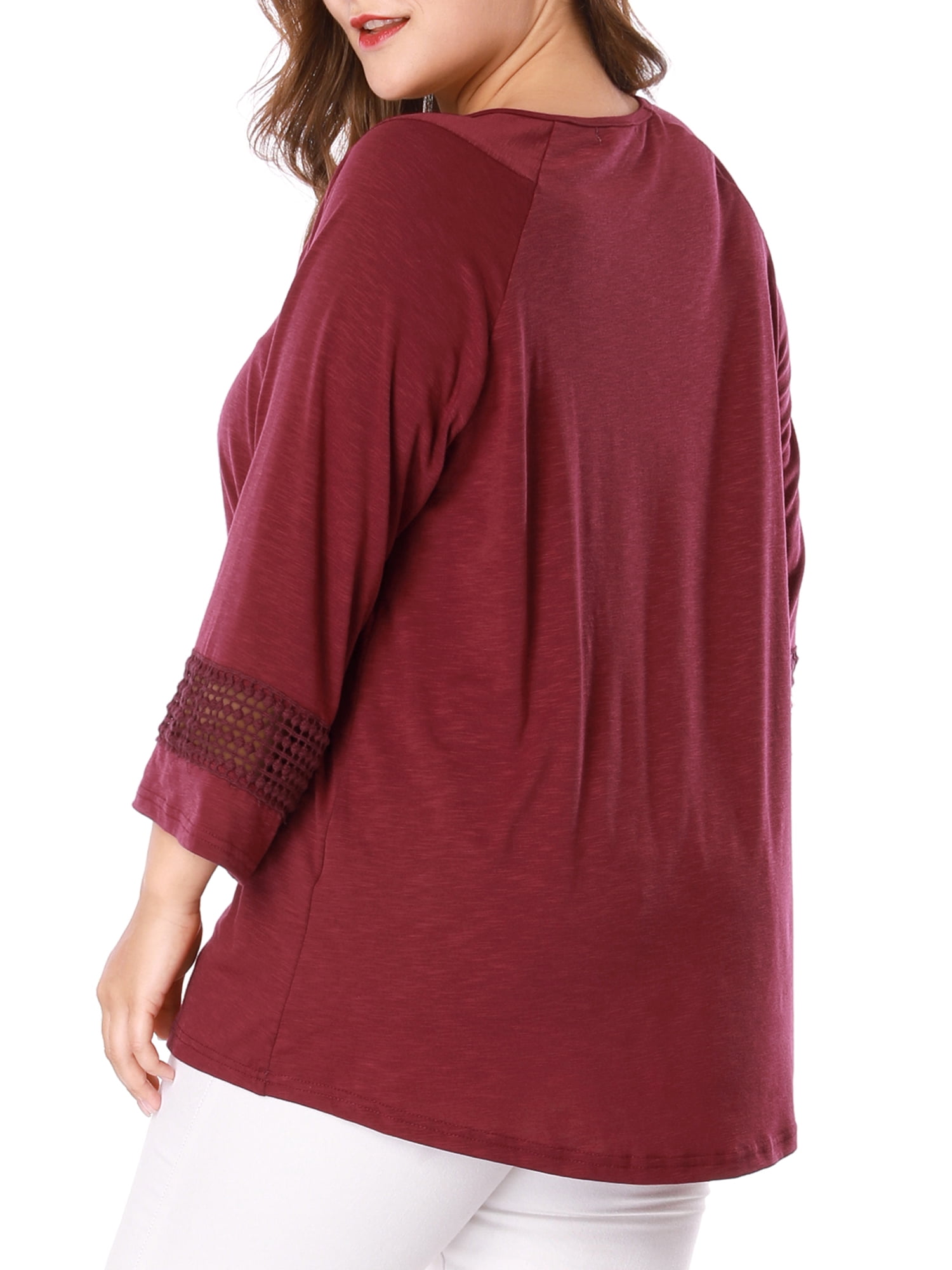 Unique Bargains Juniors' Plus Size Crochet Panel Kimono Raglan Sleeves Ruched Front Top Burgundy 4X
