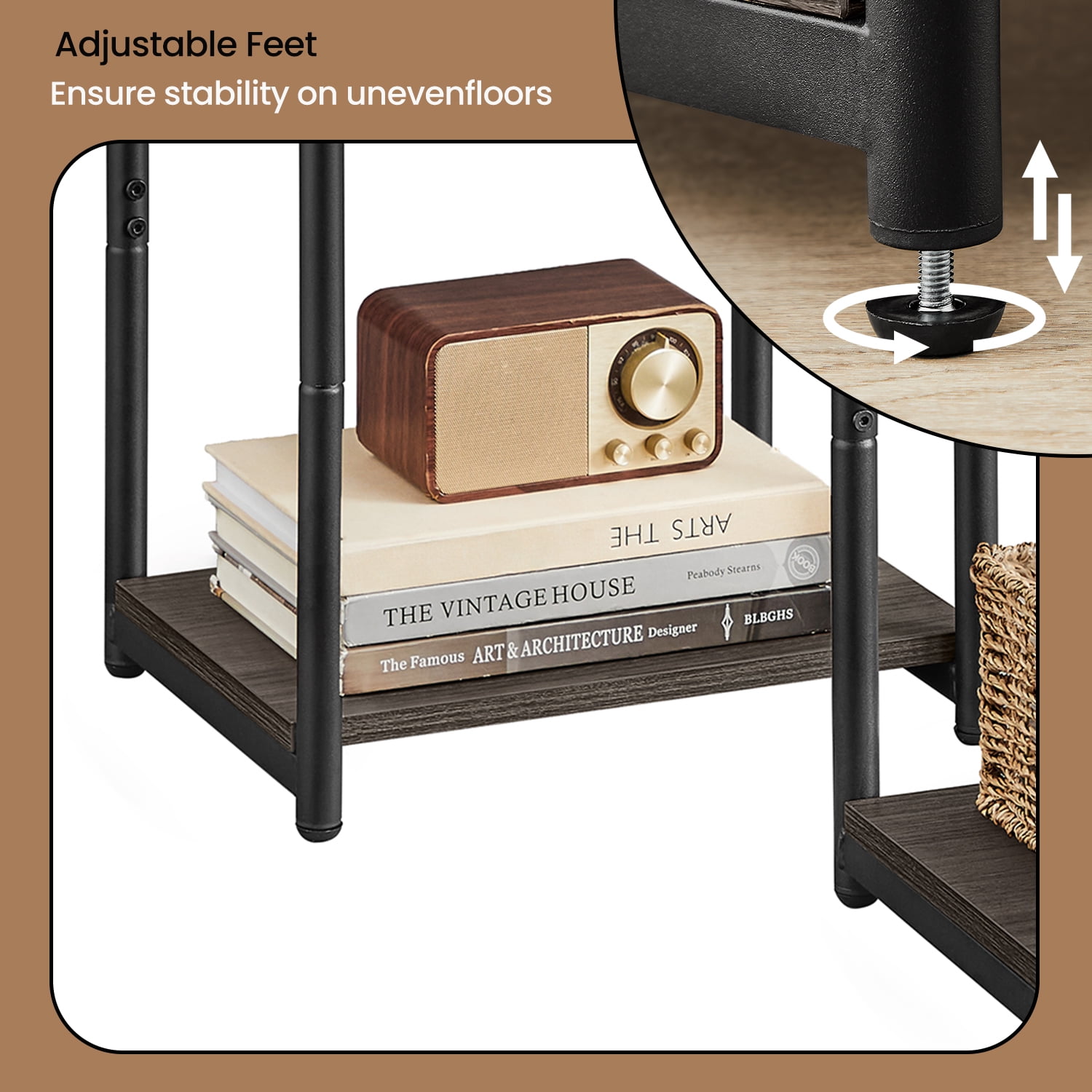 LEDREM Industrial 2-Pack Accent End Tables, Sturdy Steel Frame & Particleboard, Easy assembly, Adjustable Feet Slim Side Table, Brown & Black