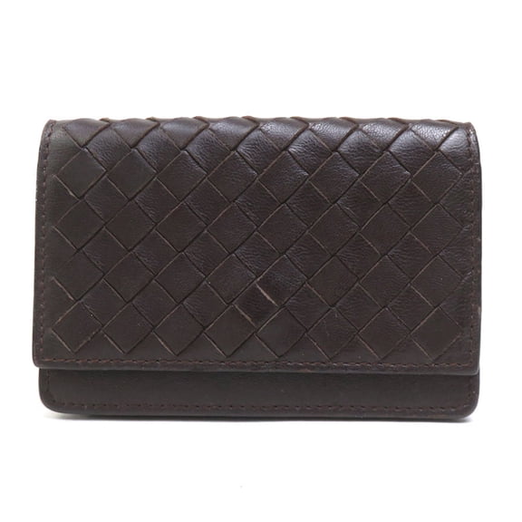 Pre-Owned Bottega Veneta business card holder/card case, Intrecciato leather, brown, for men...