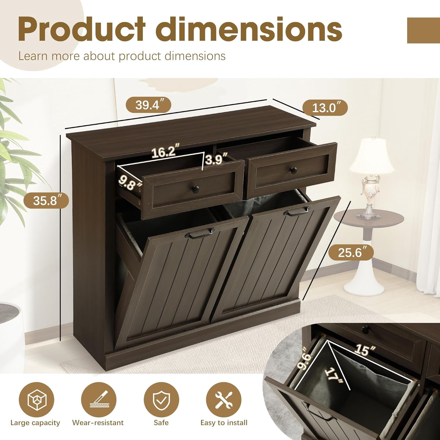 Magic Union Tilt Out Laundry Hamper Cabinet, 22 Gallon Double Hidden Laundry Hamper, Wooden Trash Can Cabinet with 2 Drawers, Farmhouse Garbage Can for Bathroom, Kitchen, Living Room