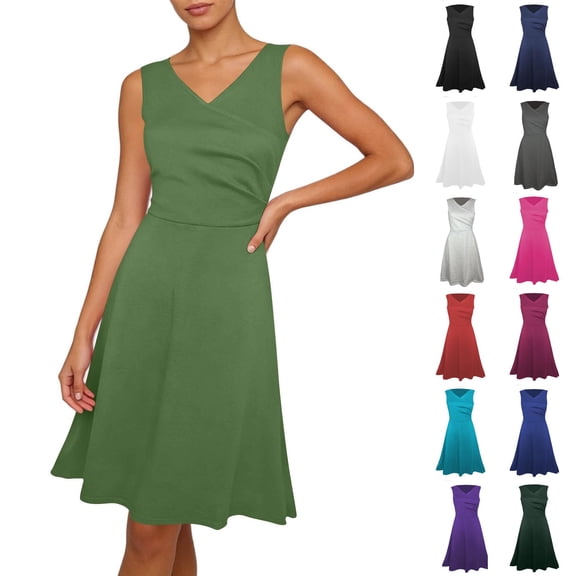 Asxite Plus Size Summer Dresses for Women Casual Solid Wrap V Neck Sleeveless Slim Sundress