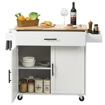 35.4" White Kitchen Island Cart with Drop Leaf, Solid Wood Top, Storage Cabinet, Spice Rack, Towel Rack & Drawer, Mobile Rolling Kitchen Table on Wheels