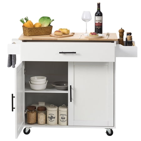 Versatile Rolling Kitchen Island with Drop Leaf & Solid Wood Top Features Storage Cabinet Drawer Spice Rack Towel Holder Mobile Cart in White 35.4 Inches Wide