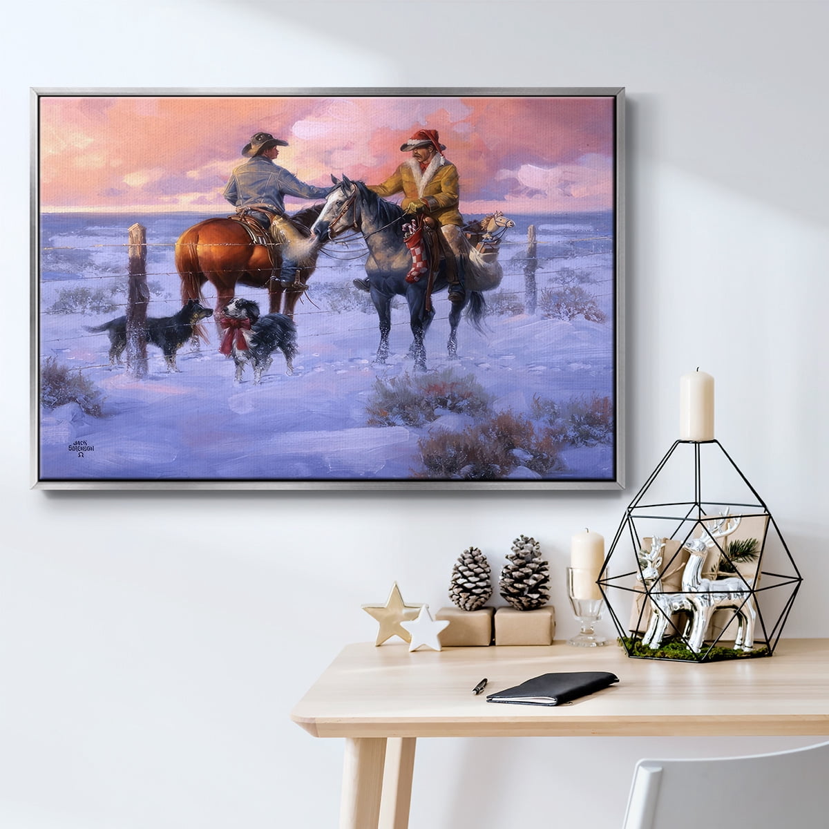 Sharin' Christmas with the Neighbors - Framed Gallery Wrapped Holiday Canvas - 27 x 41 - Silver Frame